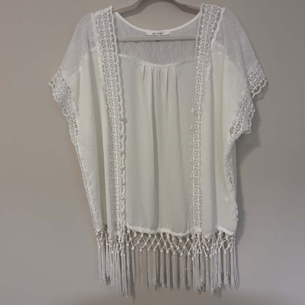Lace Fringe Kimono Cover Up Sheer Bohemian Festival Beach Swim Miami Medium